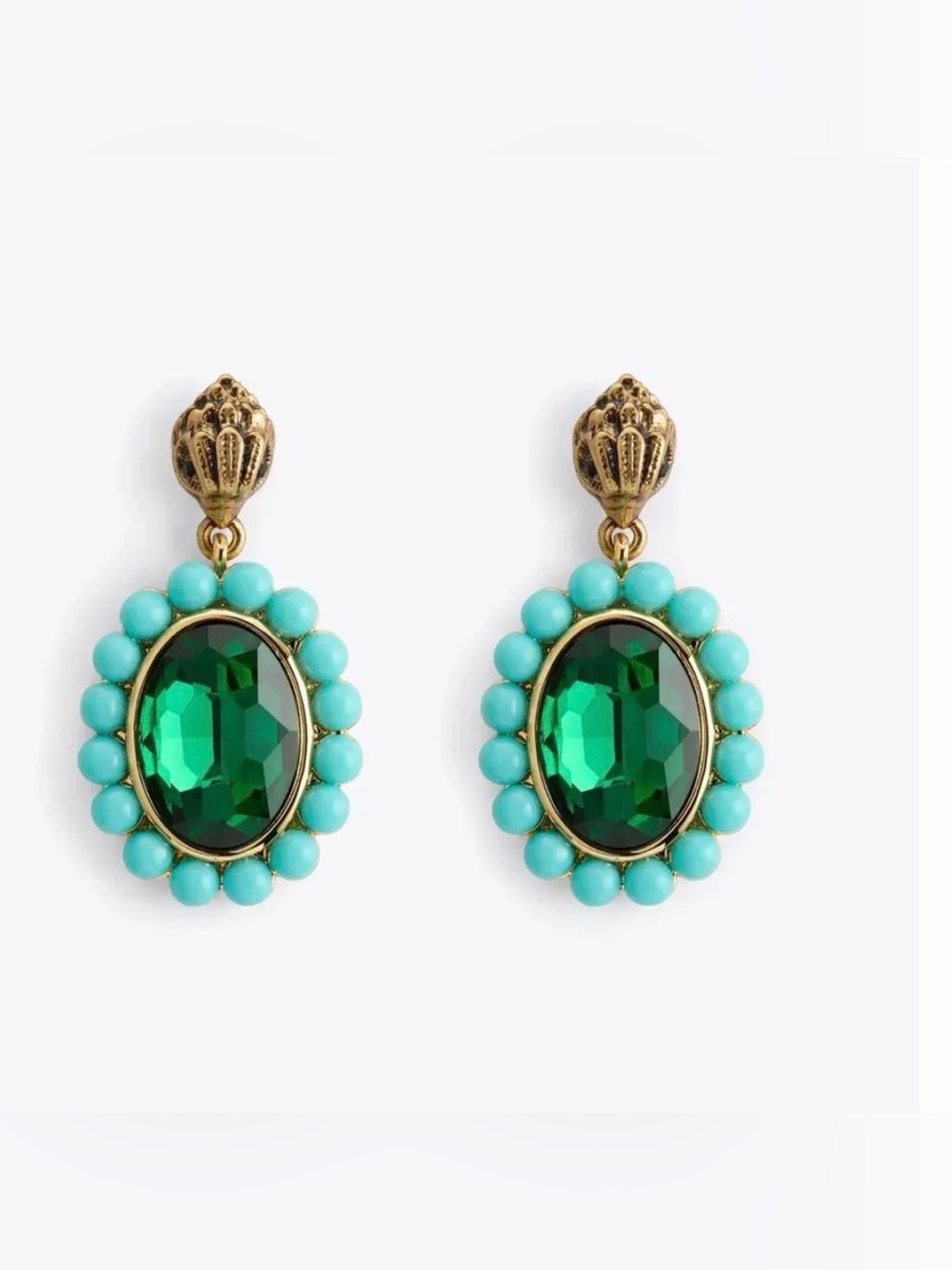 NWT Kurt Geiger Gold Tone Eagle Head Green Crystal Regency Drop Earrings & Pouch